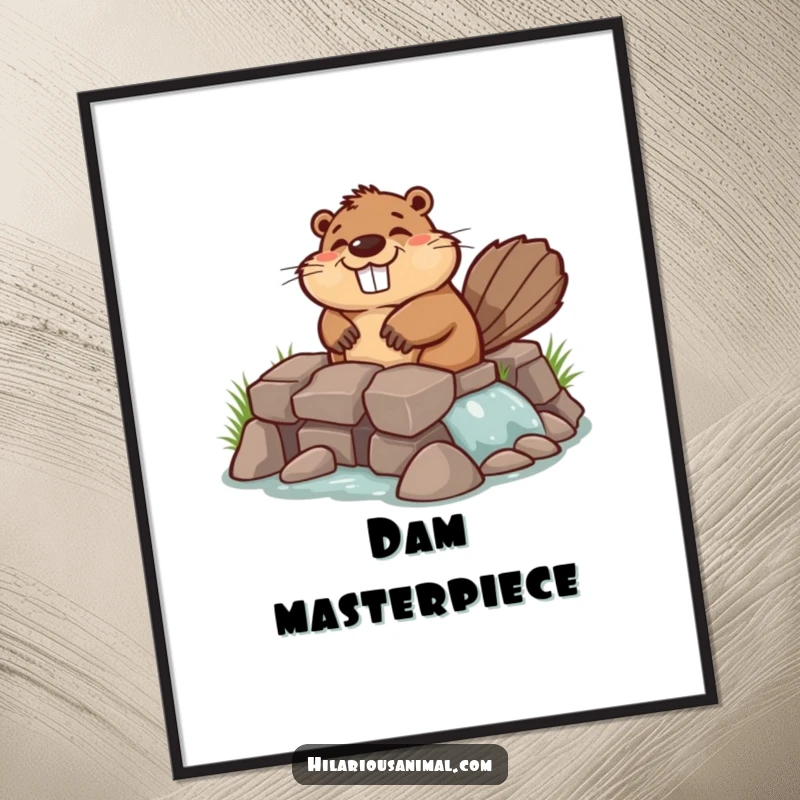 Funny chuckling beaver poster print of a beaver industriously building a lopsided dam, capturing a moment of comical construction and dedication.