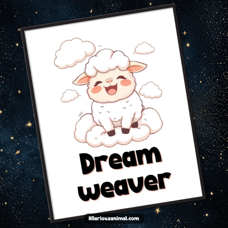 Funny bewildered sheep poster showing a sheep bleating with laughter surrounded by fluffy clouds, whimsical and humorous wall art