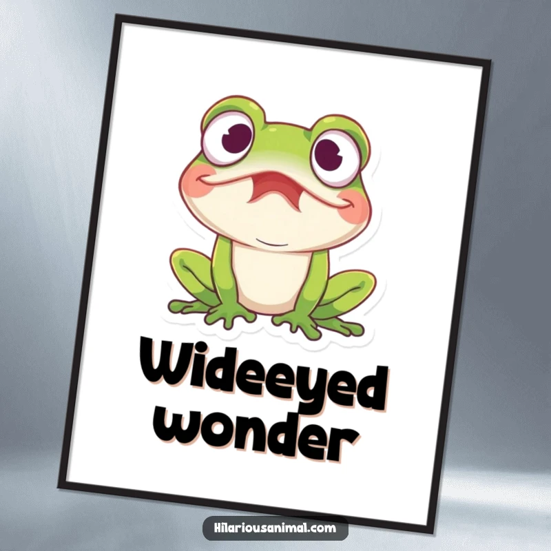 Funny amused frog poster showing a frog with wide eyes caught in a fit of mirth, vibrant and humorous wall art
