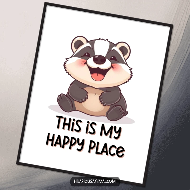Funny Badger Poster capturing a hilarious moment of a badger rolling with a wide, delighted grin, perfect for adding humor to any room.