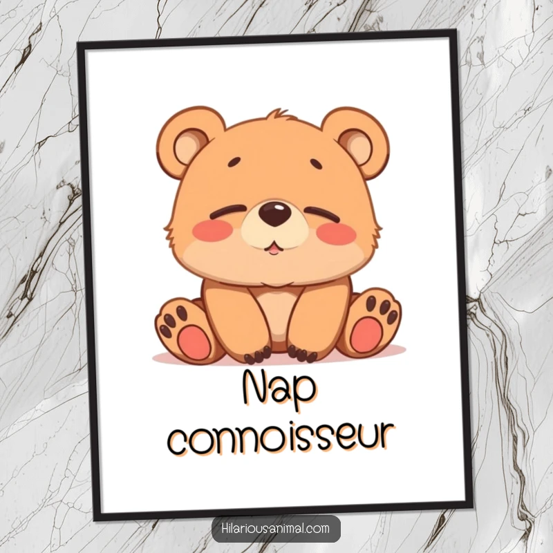 Funny brown bear cub poster, softly chuckling with sleepy eyes, adding gentle humor to decor.