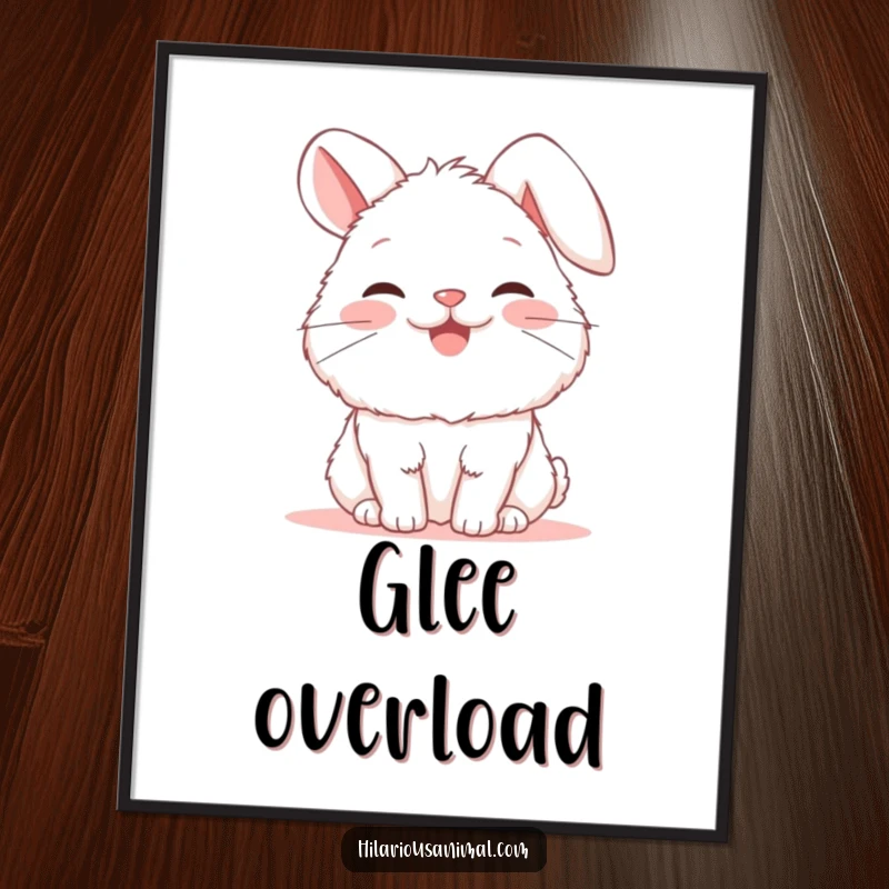 Funny bunny poster displaying a fluffy white rabbit's ecstatic snort, ears flopped, bringing a burst of joyful energy to any wall.