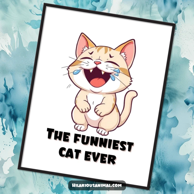 Funny cat poster depicting a small feline roaring with laughter, tears streaming profusely from its eyes, a humorous art piece.