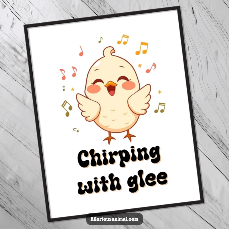 Funny cheerful bird poster, a bird chirping with laughter surrounded by musical notes, vibrant and joyful wall art