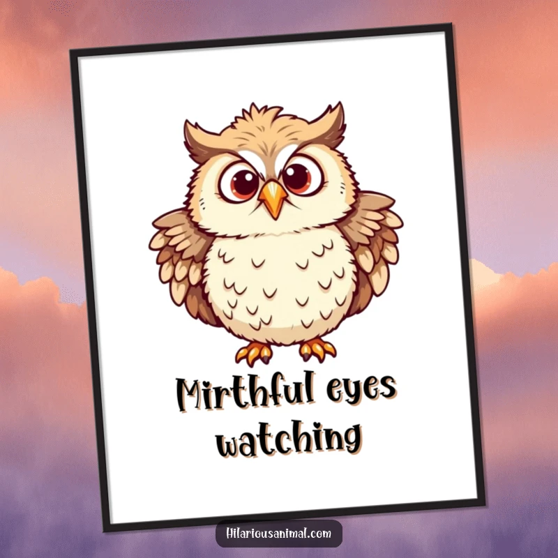 Funny owl poster of a chuckling owl with ruffled feathers and eyes wide with mirth, embodying wise amusement.