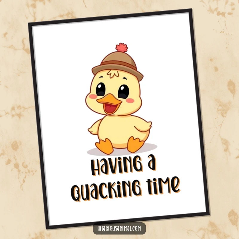 Funny grinning duck poster wearing a funny hat, captured quacking heartily, cheerful bird design, adds a humorous and lively touch to any wall.