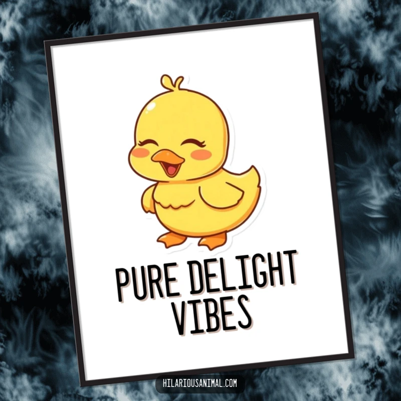 Funny yellow duckling poster, eyes closed in a joyful giggle, bringing cheerful vibes to walls.