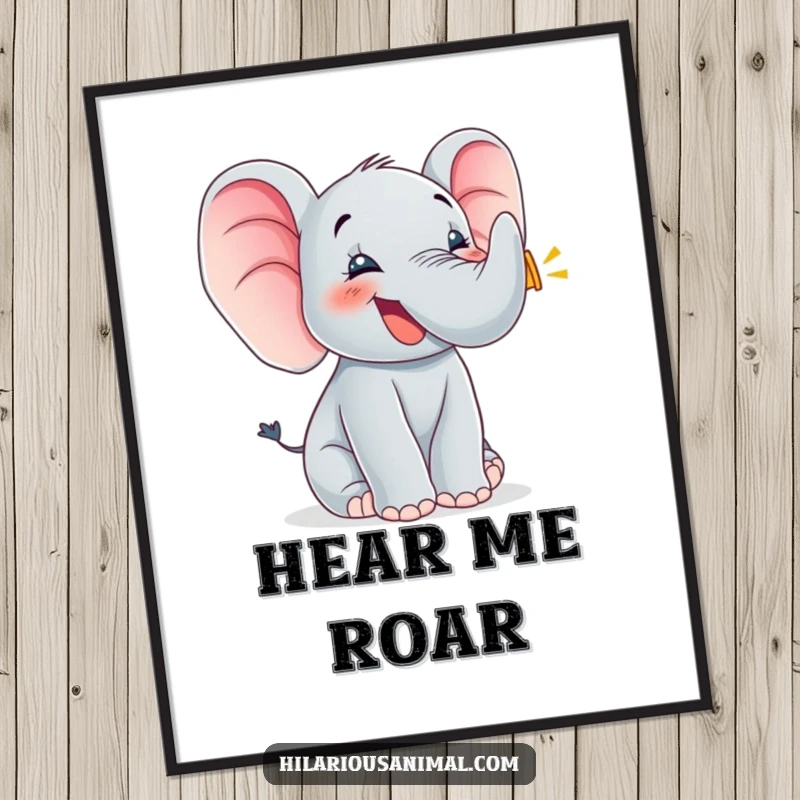 Funny elephant cub trumpeting with joy, ears flapping, framed art poster, adding a vibrant and cheerful touch to any room.