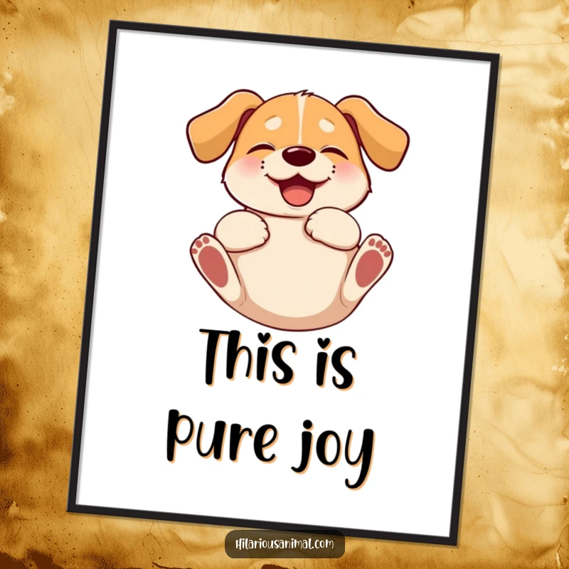 Funny dog poster of a floppy-eared dog rolling on its back, absolutely consumed by uncontrollable giggling and glee.