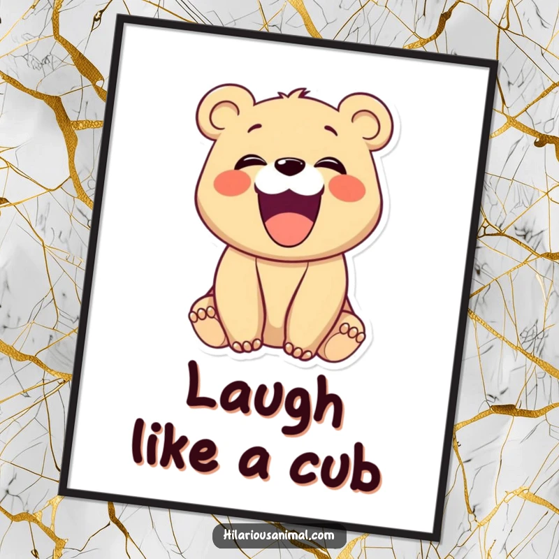 Funny bear cub with its mouth wide open in a hearty laugh, on a poster, radiating pure unadulterated joy, a funny gift.