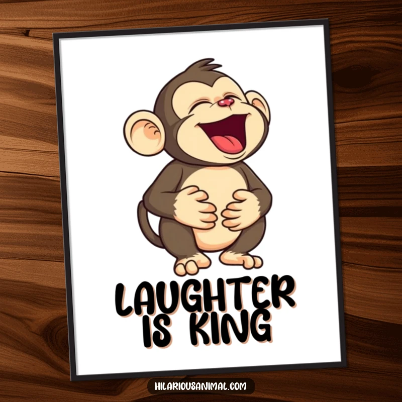 Funny monkey poster depicting a silly character holding its belly, roaring with laughter, creating a comical and lively piece of primate-themed wall art.