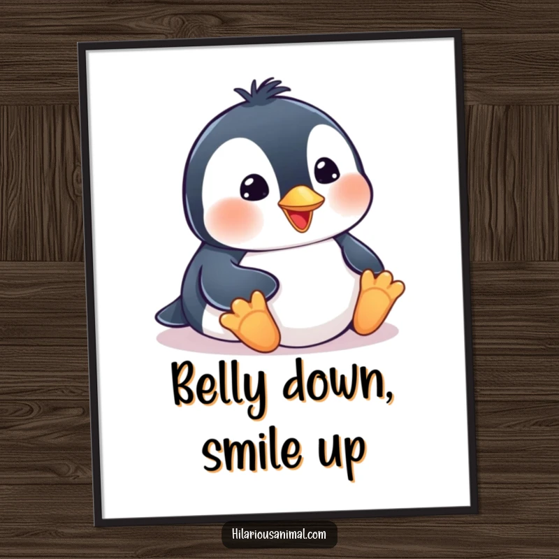 Funny penguin cub poster, joyfully belly-sliding with a big smile, adding whimsical humor and charm to any space.