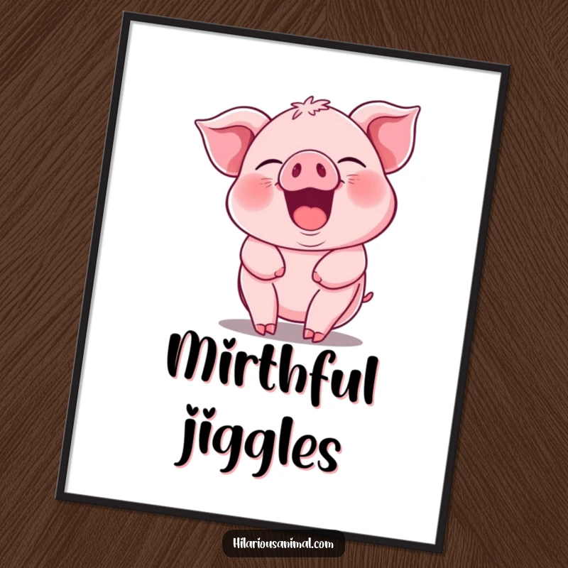 Funny pink piglet poster, its entire body jiggling with infectious guffaws, radiating pure, uninhibited mirth and happiness.