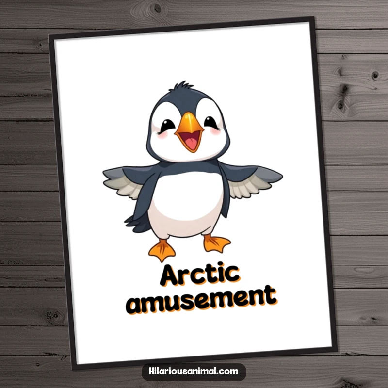 Funny cheerful puffin with wings flapping in amusement, laughing loudly, displayed on a poster, bringing cheerful and boisterous wall art.