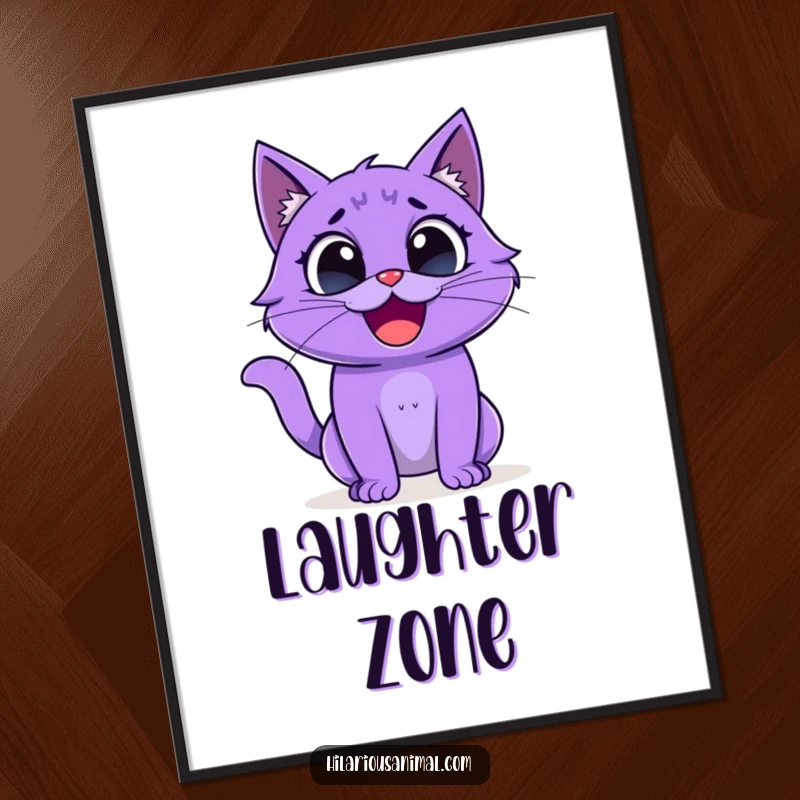Funny purple cat poster art, creature with wide eyes captured laughing uncontrollably with infectious mirth.