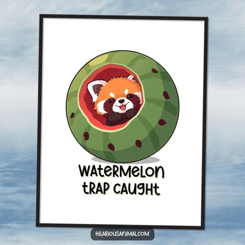 Funny red panda poster, a red panda comically stuck headfirst in a large hollowed-out watermelon, capturing a moment of hilarious fruity confinement.