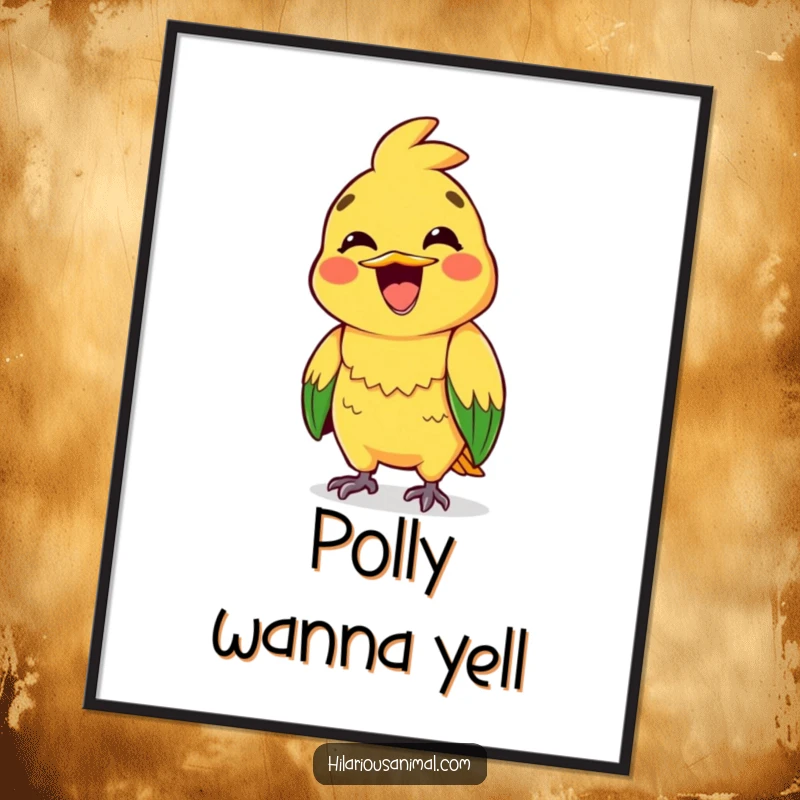 Funny poster depicting a brightly colored parrot with a wide, excited grin, captured mid-squawk.