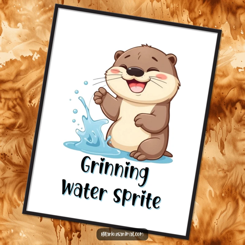 Funny Otter Cub Poster: A cheerful otter cub spraying water with a wide grin, embodying pure, playful energy.