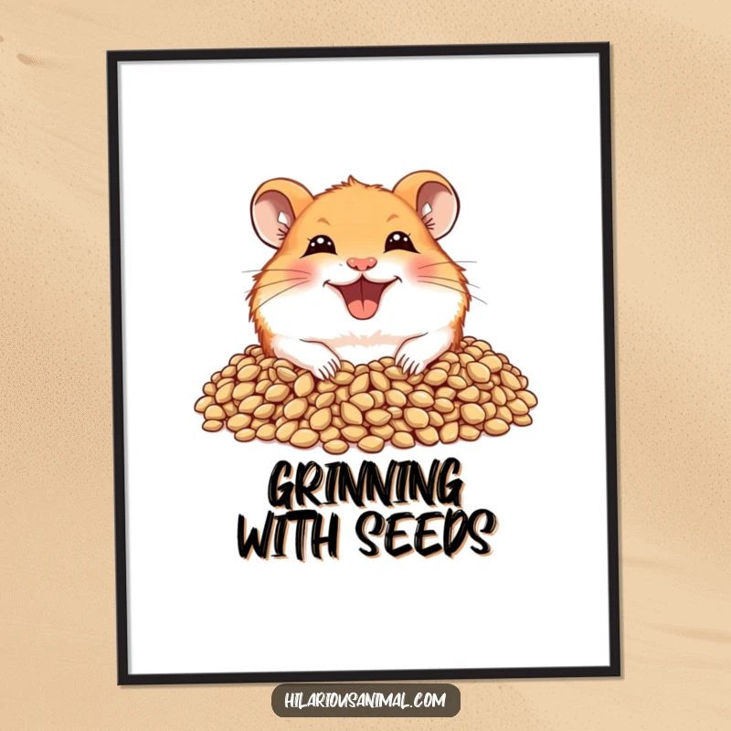 Funny hamster poster of a joyful hamster with a wide grin, peeking from a pile of seeds, looking absolutely gleeful.
