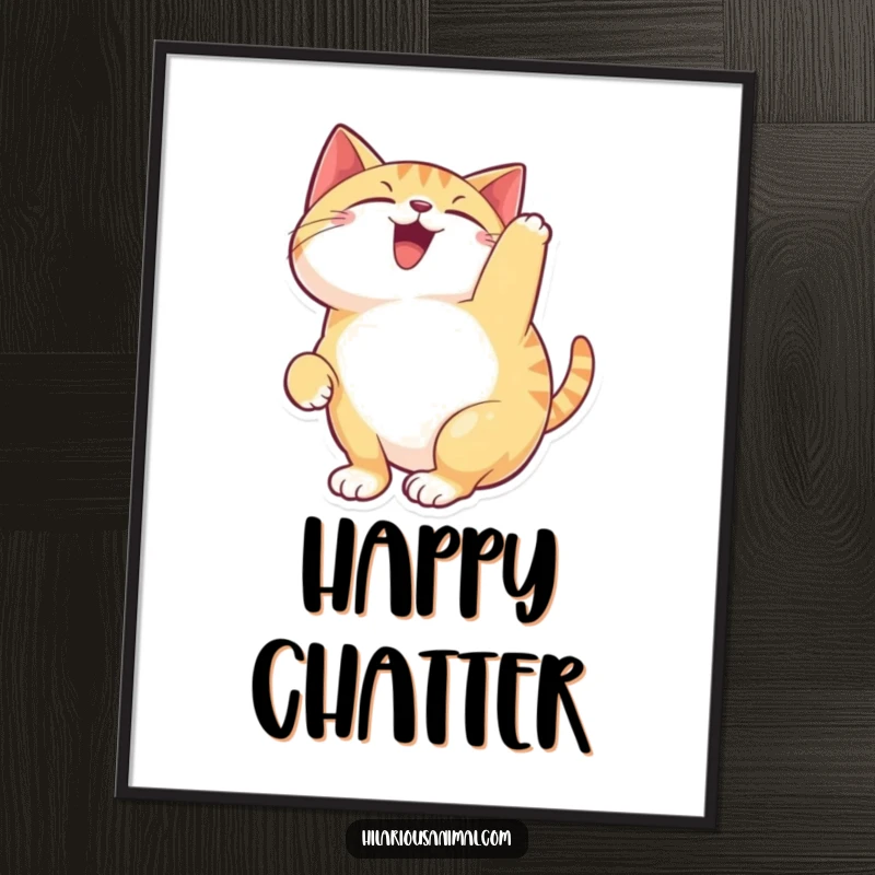 Funny happy cat poster print of a feline arching its back and chattering with delight, symbolizing ultimate contentment and playful energy.