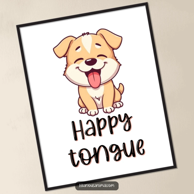 Funny dog poster print of a giggling puppy with tongue out, panting playfully, capturing a moment of pure, uninhibited canine amusement.