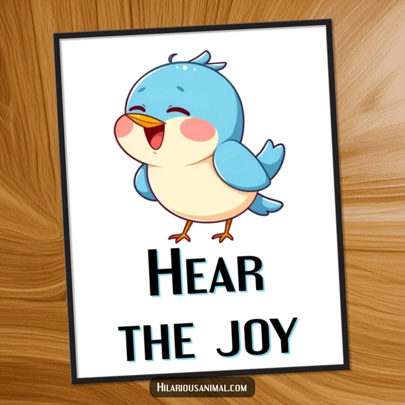 Funny Blue Bird Chirping Poster - Humorous wall art of a blue bird tilting its head back, singing joyfully, perfect for adding cheer.