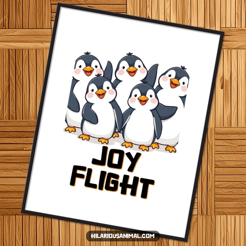 Funny Penguin Giggling Poster: A charming illustration of happy penguins giggling with flippers raised, ideal for whimsical and humorous wall decor.