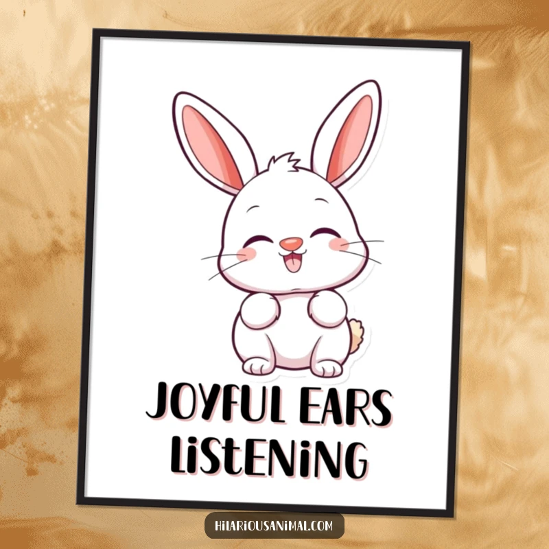 Funny bunny poster of a happy bunny with a twitching nose and ears perked high, looking wonderfully amused.