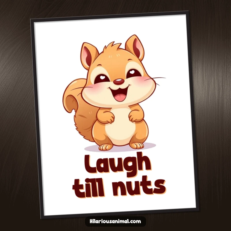 Funny happy squirrel with bright eyes, bursting into peals of laughter, displayed on a poster, bringing cheerful wall art.