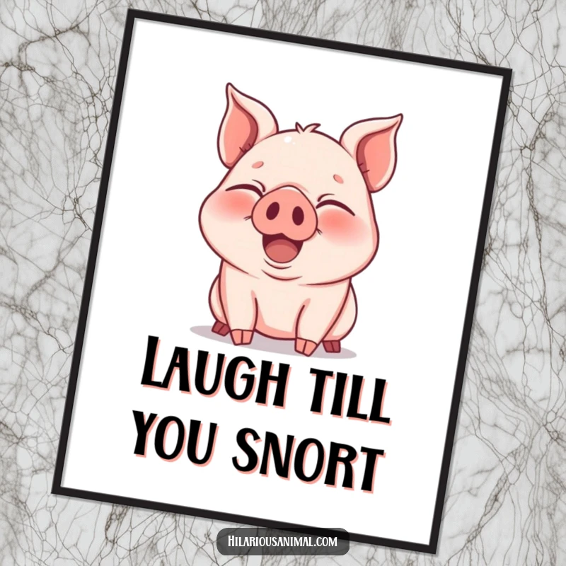 Funny Poster: A joyous piglet captured mid-snort, eyes squeezed shut in contagious laughter, radiating pure animal delight.