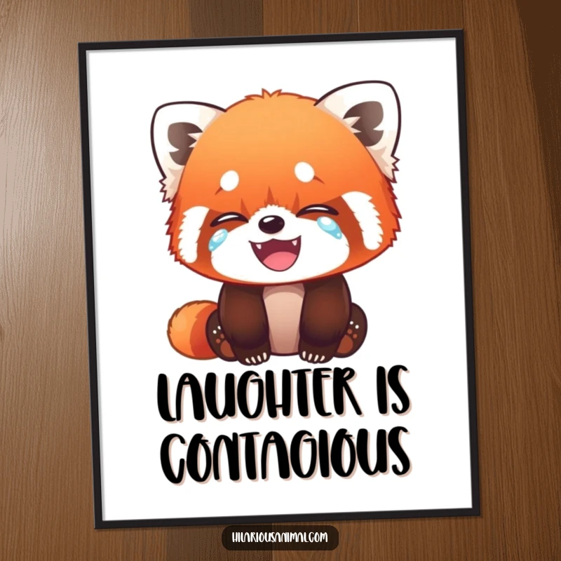 Funny Red Panda Cub Poster - Humorous wall art of a red panda cub wiping tears of laughter, bringing a cheerful vibe to any space.