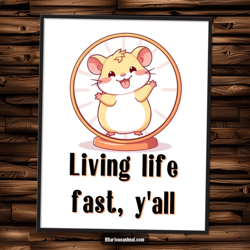 Funny Hamster Wheel Poster illustrating a cheerful hamster spinning ecstatically, perfect for adding a humorous and energetic vibe to any space.