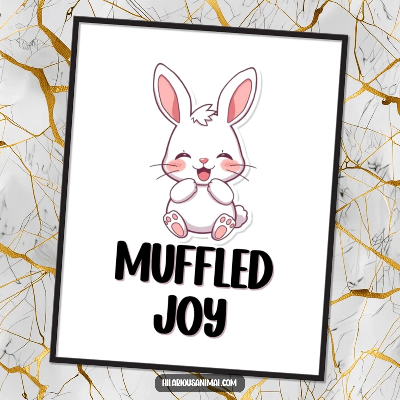 Funny cheerful bunny poster print of a rabbit muffling a laugh behind its paws, capturing a moment of pure, suppressed, adorable amusement.