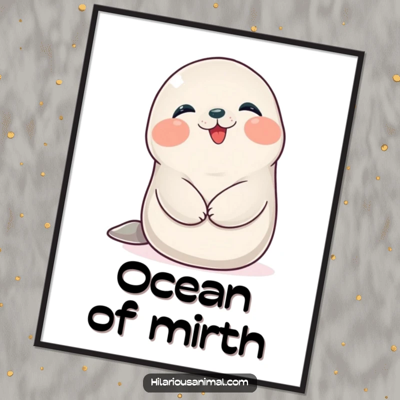 Funny Seal Cub Poster: A happy, plump seal cub giggling heartily while holding its belly, radiating pure amusement.