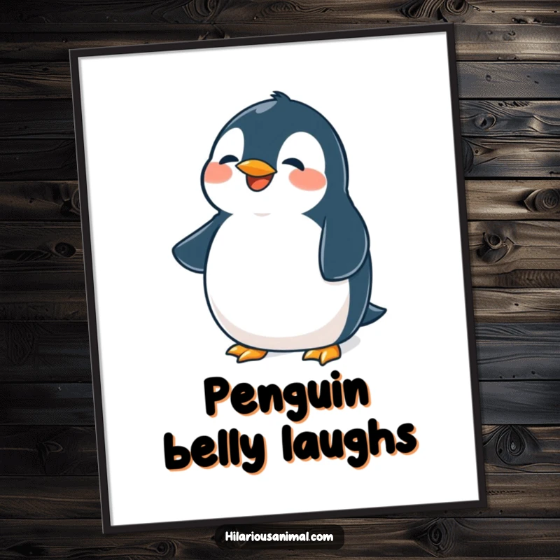 Funny penguin poster, wall art of a cute plump bird belly shaking from laughter, bringing humor and charm.
