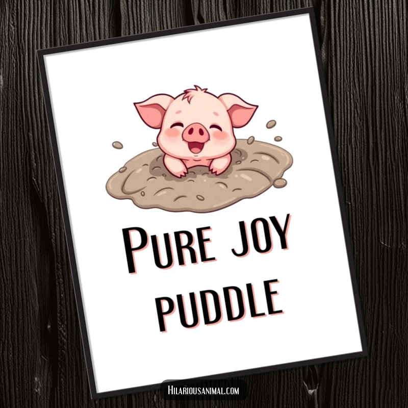 Funny Piglet Mud Puddle Poster - Humorous wall art of a smiling piglet rolling in a mud puddle, covered in dirt and pure joy.