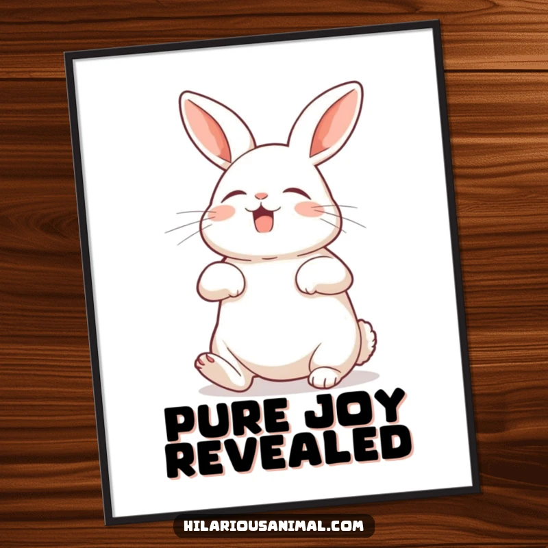 Funny rabbit poster depicting a bunny with its belly exposed, shaking with silent laughter, a humorous art piece.