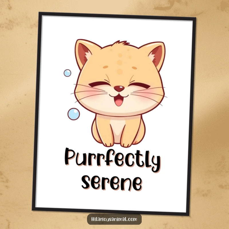 Funny whiskered animal with tightly closed eyes, blowing a bubble of pure joy, on a poster, a tranquil and funny gift.