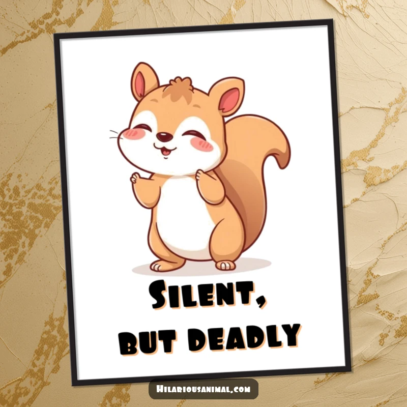 Funny poster of a cheerful squirrel shaking with silent, joyful laughter, a delightful funny gift.