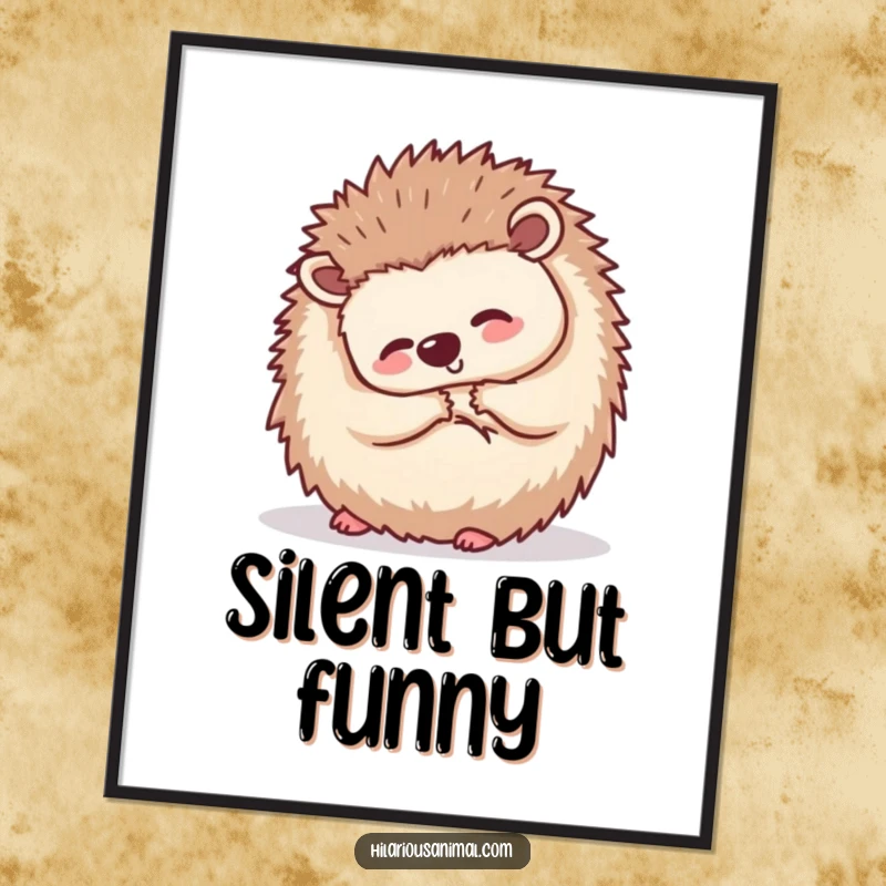 Funny small hedgehog curled into a ball, shaking with silent laughter, displayed on a poster, bringing cute and subtle wall art.