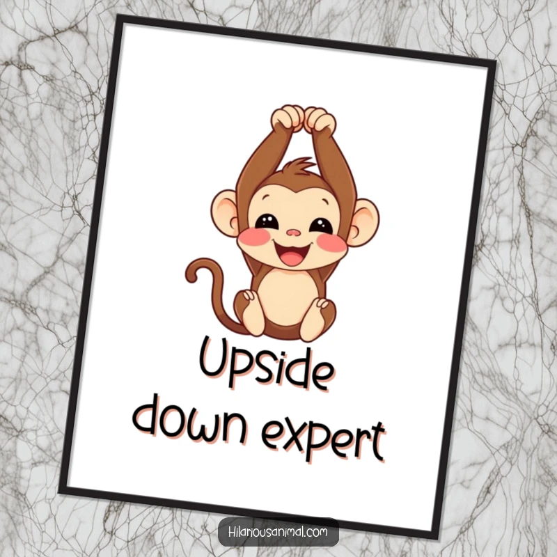 Funny monkey cub poster, joyfully hanging upside down with a hearty chuckle, adding whimsical humor to any wall.