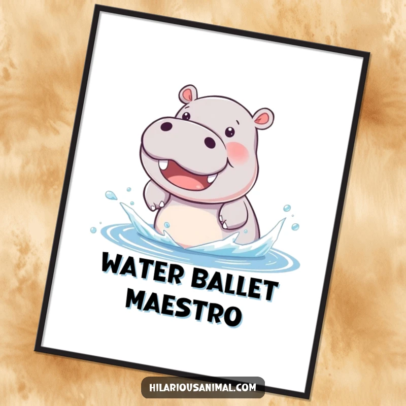 Funny hippo cub poster, beaming and splashing water with delight, adding playful, watery humor to any space.