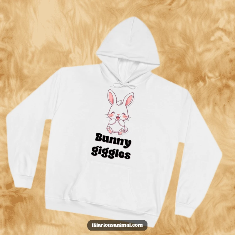 Funny cheerful bunny hoodie featuring a rabbit muffling a laugh behind its paws, radiating adorable, suppressed amusement.