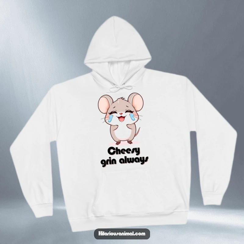 Funny small round mouse character laughing heartily, tears streaming on a hoodie, a cozy and hilarious design, ideal for a funny gift.