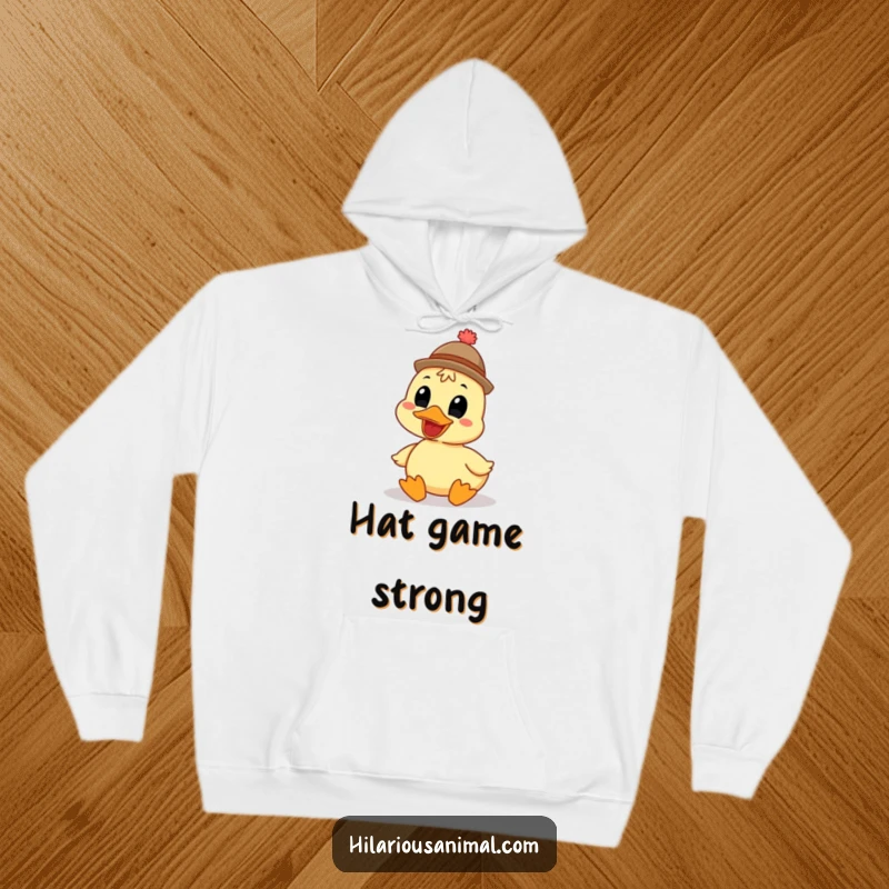 Funny grinning duck hoodie wearing a funny hat, soft and warm, depicted quacking heartily, great for chilly days and animal humor.