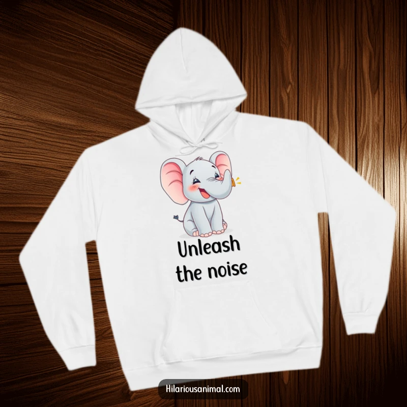 Funny elephant cub trumpeting happily, cozy hoodie, flapping ears, capturing a sweet and comforting moment of animal delight.