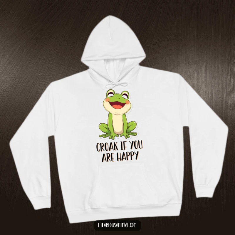 Funny green frog hoodie, mouth wide open in uproarious laughter, offering comfort and humor.