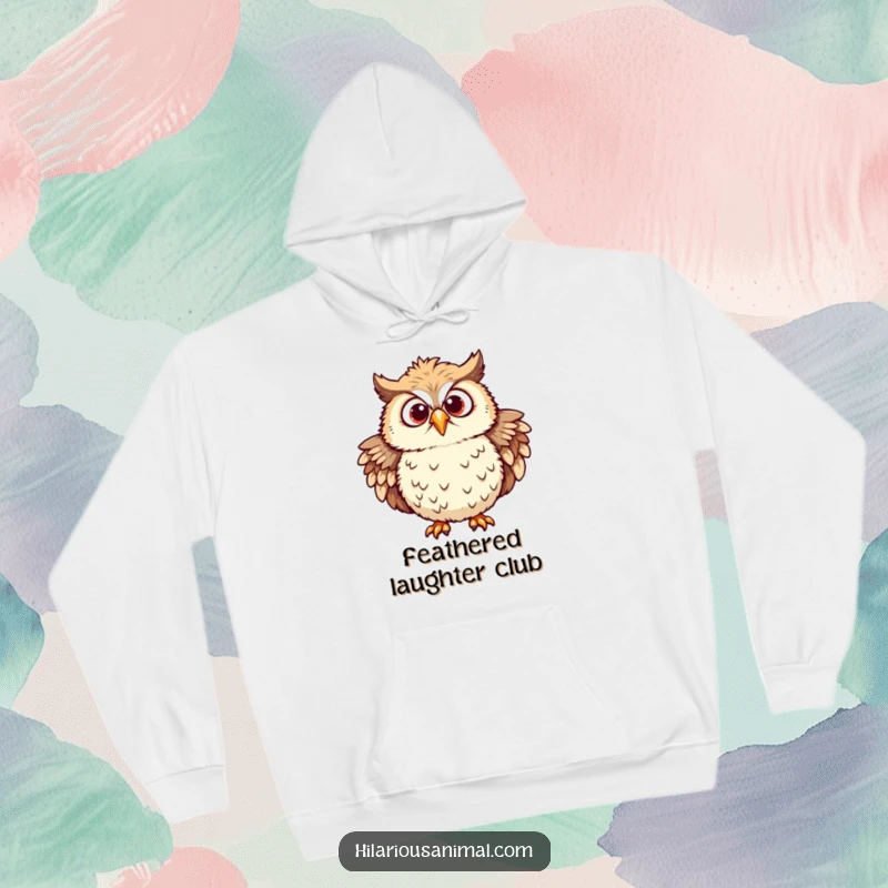 Funny owl hoodie depicting a chuckling owl with ruffled feathers and eyes wide with mirth, radiating amusement.