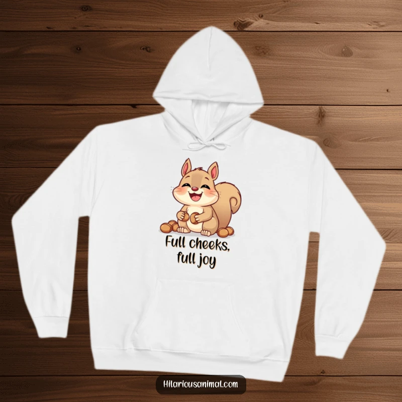 Funny laughing squirrel hoodie with bulging cheeks, soft and warm, depicted hoarding nuts, great for chilly days and animal humor.
