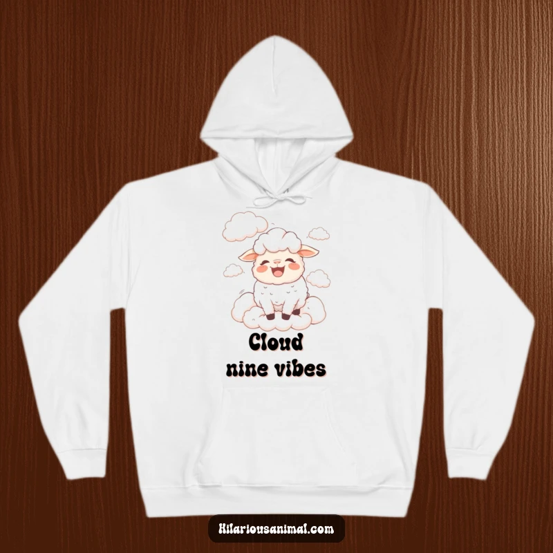 Funny bewildered sheep hoodie, a sheep bleating with laughter surrounded by fluffy clouds, cozy and full of dreamy humor